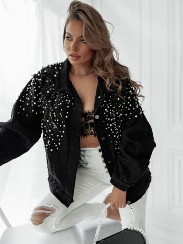 Chaqueta Vaquera Jeans Negra Bordada, lentejuelas y perlas
