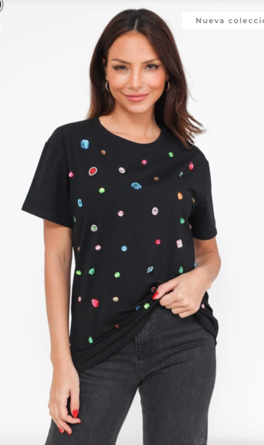 Polera Negra aplicacion Piedras de colores Bordadas