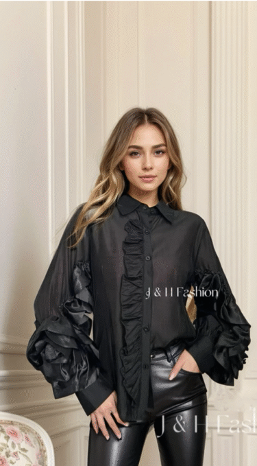 Blusa negra de seda con volante y flor de rosa en relieve 3d