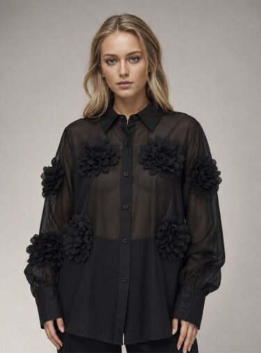 Blusa negra de seda con flores en relieve Blusa negra de seda con flores en relieve_J28500negro_biabrazil_Chile