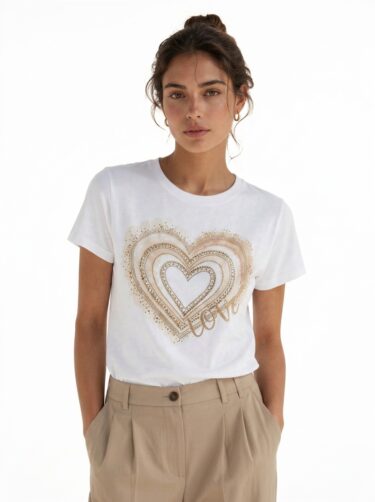 Polera Mujer Blanca con Corazon en Piedreria