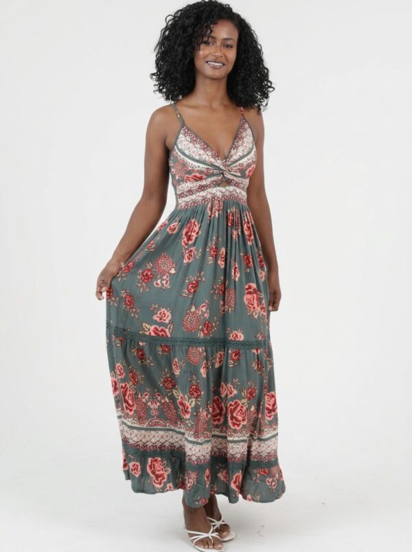 Maxi Vestido  Boho Chic tonos verde con encaje
